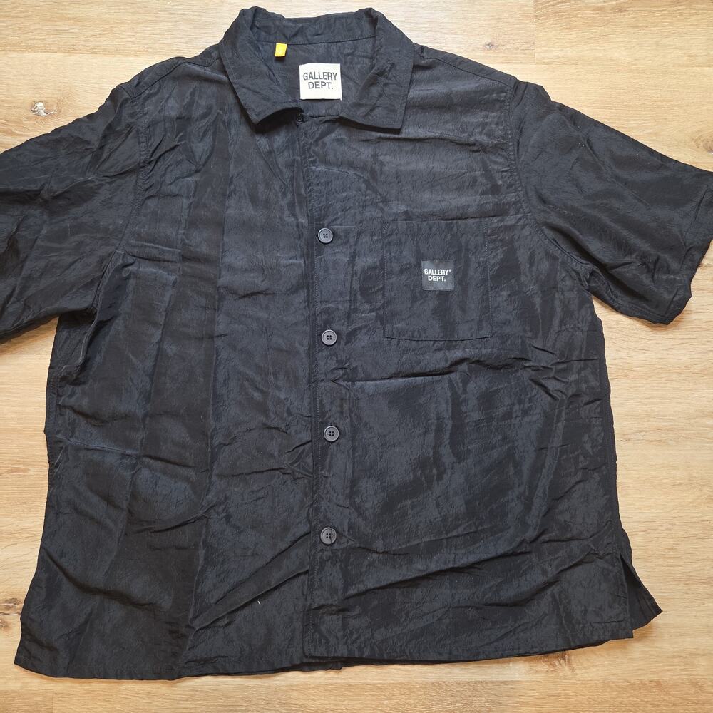 Gallery Dept Parker Wrinkle Shirt Mens L Black Logo Patch Short Sleeve Button Up